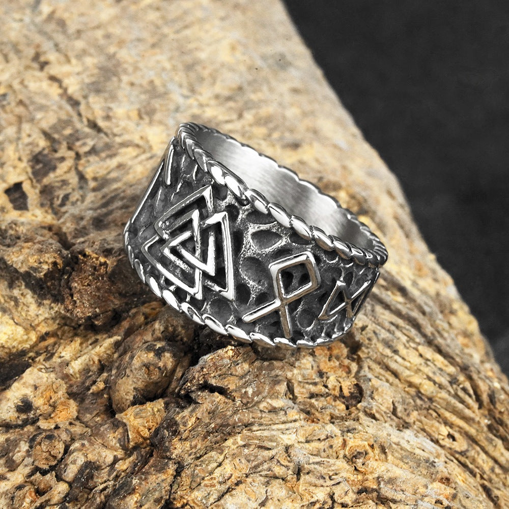 Vintage Solid Stainless Steel Norse Viking Rune Valknut Textured Wide Band Ring for Men