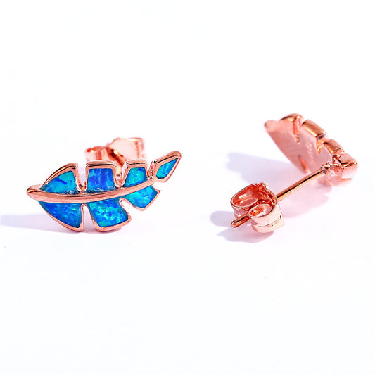 Women's Feather Shape Stud Earrings Inlaid With Blue Opal, with Rose Gold Plating