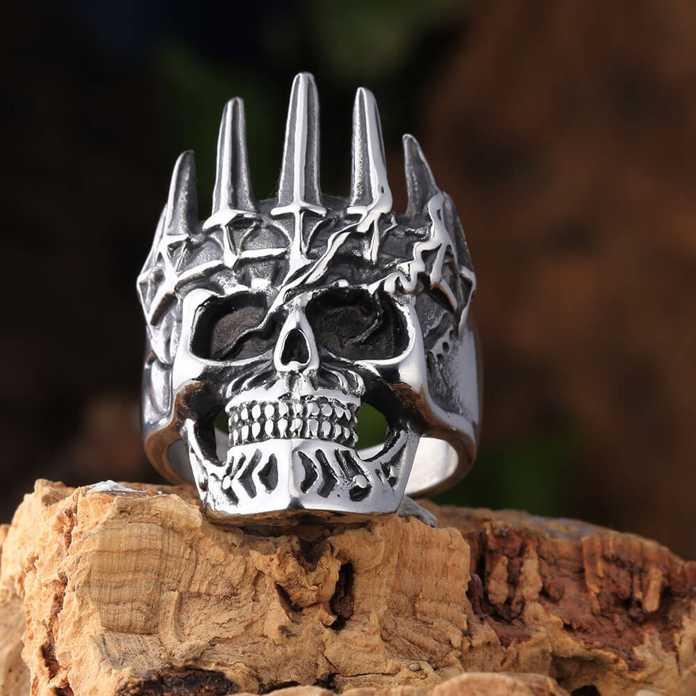 Vintage Solid Stainless Steel Punk Gothic Crown Skull Band Ring for Men