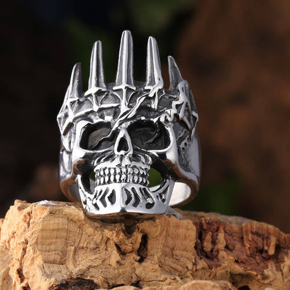 Vintage Solid Stainless Steel Punk Gothic Crown Skull Band Ring for Men