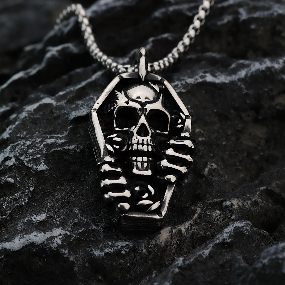 Men's Steel Coffin Skull Hand With Rose Pendant Necklace