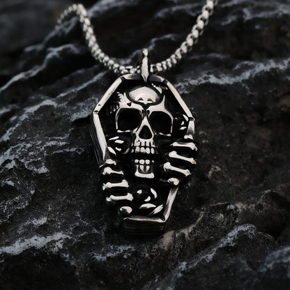 Men's Steel Coffin Skull Hand With Rose Pendant Necklace