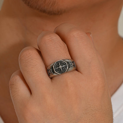 Men's Vintage Compass Six-Pointed Star Wide-Faced Ring