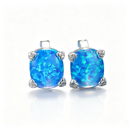 Women's Exquisite Oval‑Shape Heart‑Prong Zirconia Blue / White Opal Stud Earrings, with White Gold Plating
