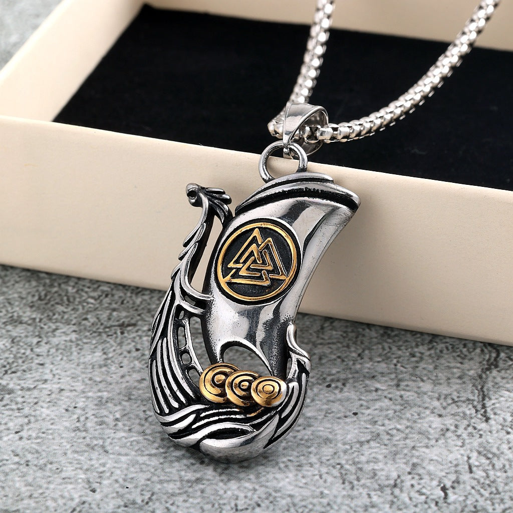 Men's Vintage Stainless Steel Single Sided Viking Sailboat Pendant Necklace