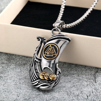Men's Vintage Stainless Steel Single Sided Viking Sailboat Pendant Necklace