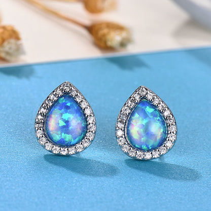 Women's Exquisite Pear‑Shape Halo Paved Zirconia Blue / White Opal Stud Earrings, with White Gold Plating