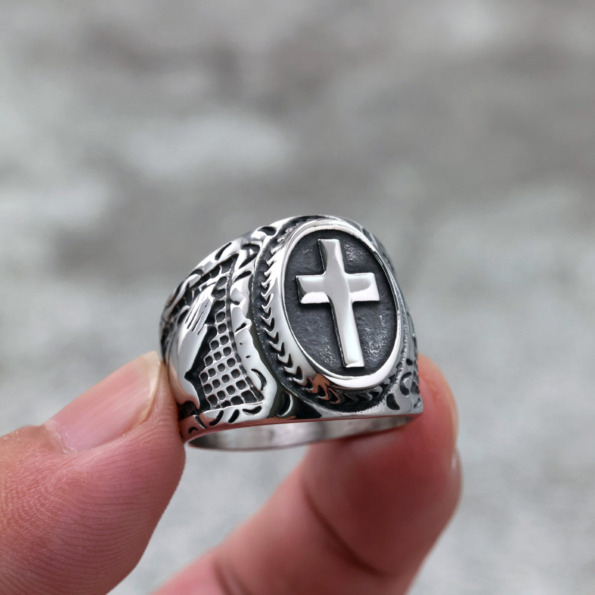 Vintage Solid Stainless Steel Cross Signet Ring for Men