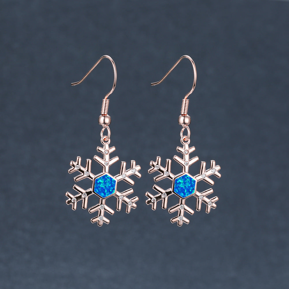 Women's Snowflake Hexagon Blue Opal & Zirconia Dangle Hook Earrings