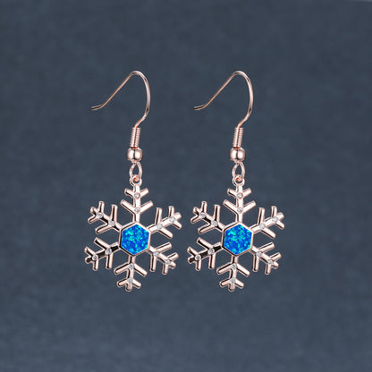Women's Snowflake Hexagon Blue Opal & Zirconia Dangle Hook Earrings