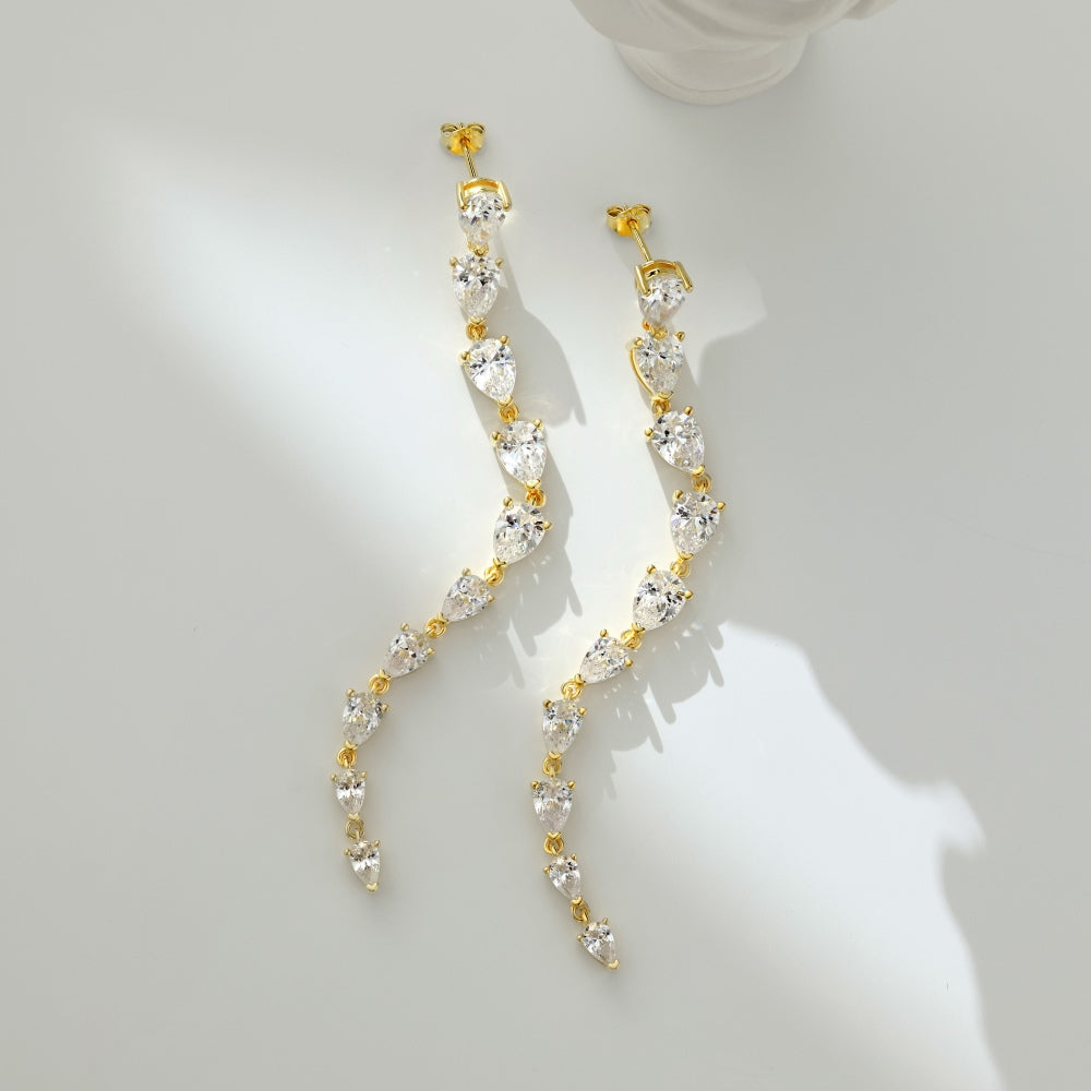 Women's Long Tassel Drop Earrings, Graduated Pear‑Shape Zirconia, S925 with 18K Gold Plating