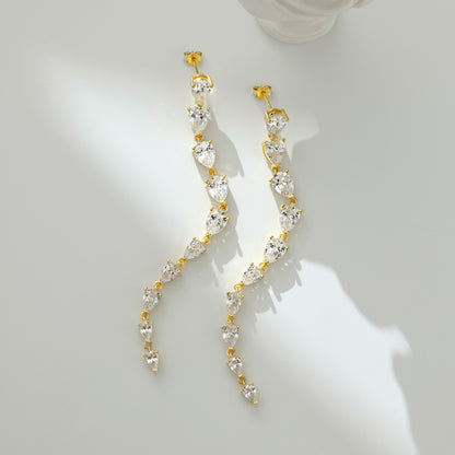 Women's Long Tassel Drop Earrings, Graduated Pear‑Shape Zirconia, S925 with 18K Gold Plating