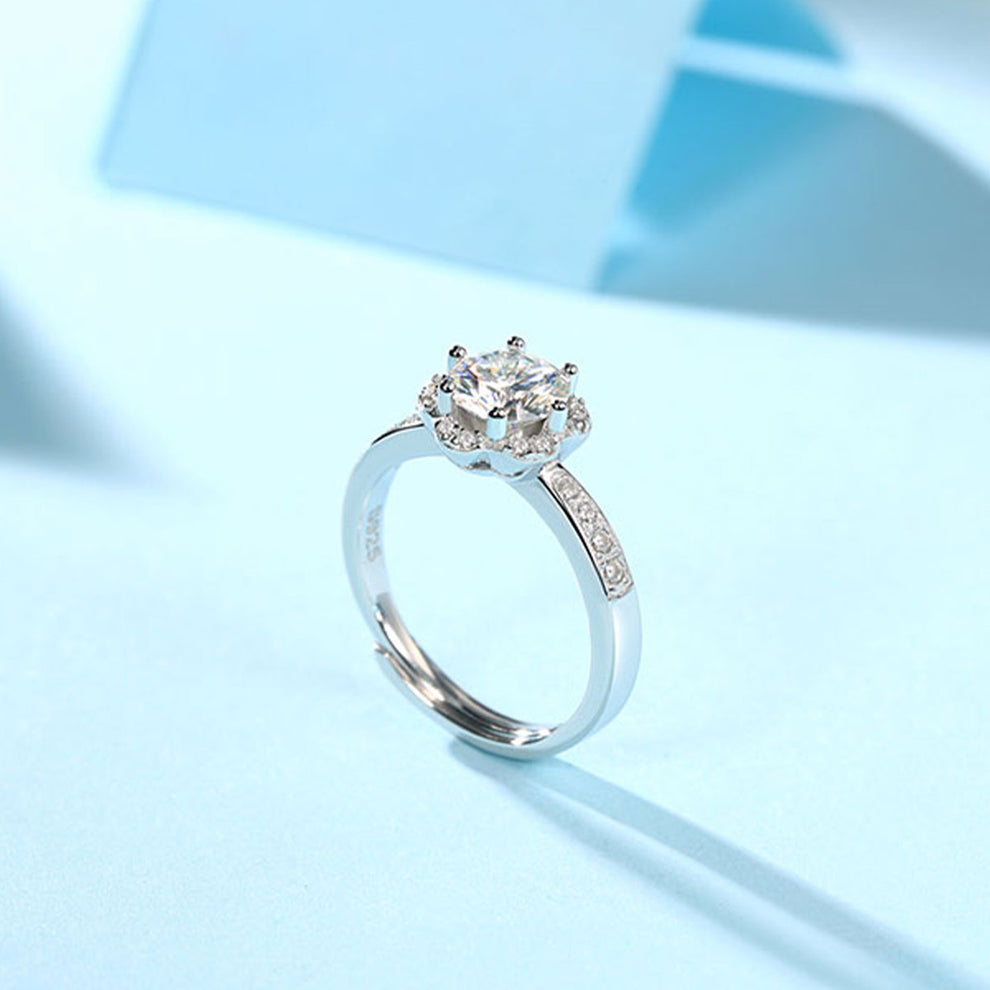 Women's White Gold Flower Shape Adjustable Moissanite Ring