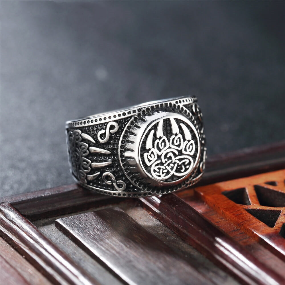 Vintage Nordic Solid Stainless Steel Celtic Rune Bear Claw Ring for Men