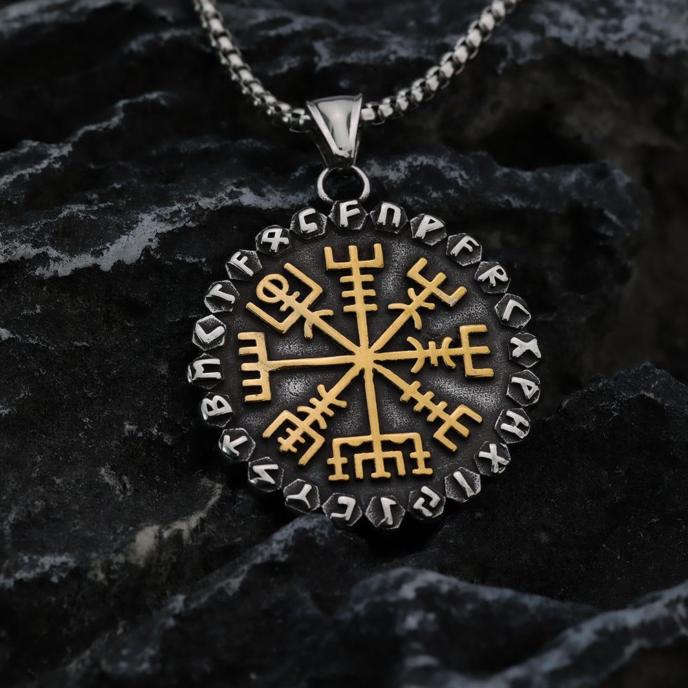 Vintage Nordic Stainless Steel Viking Compass Rune Pendant Necklace for Men