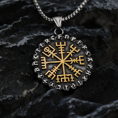Vintage Nordic Stainless Steel Viking Compass Rune Pendant Necklace for Men