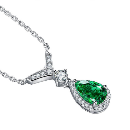 Women's Sterling Silver White Gold Drip Shape Emerald Full Stones Pendant