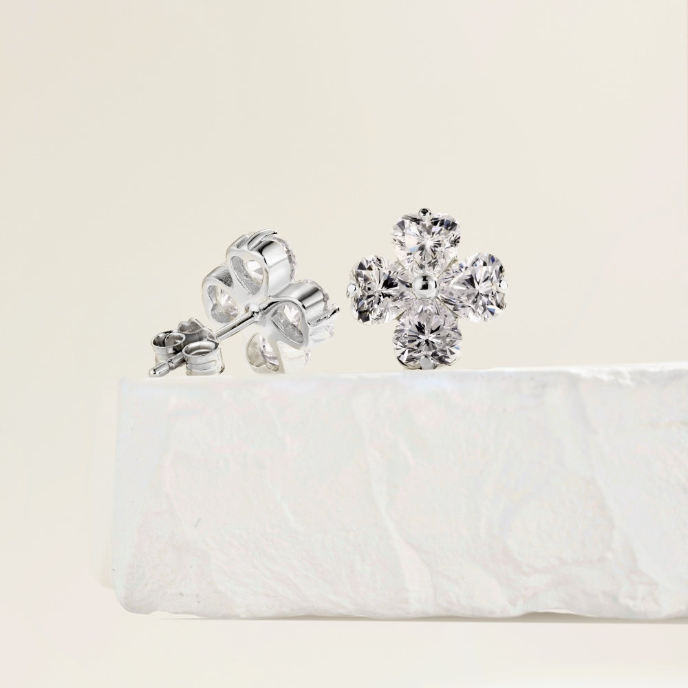 Women's Clover Stud Earrings, Heart‑Shape Clear Zirconia with Bead Accent, S925 with White Gold Plating