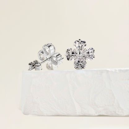Women's Clover Stud Earrings, Heart‑Shape Clear Zirconia with Bead Accent, S925 with White Gold Plating