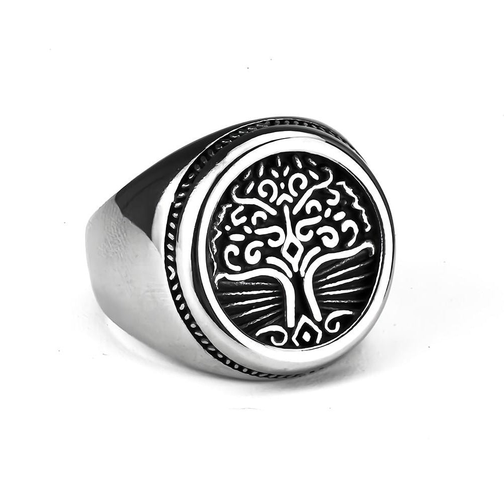 Vintage Solid Stainless Steel Round Tree of Life Signet Ring for Men