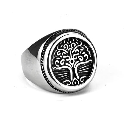 Vintage Solid Stainless Steel Round Tree of Life Signet Ring for Men