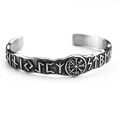 Nordic Pirate Retro Viking Rune Symbols Open C Bracelet for Men, Vintage Stainless Steel Cuff Bangle