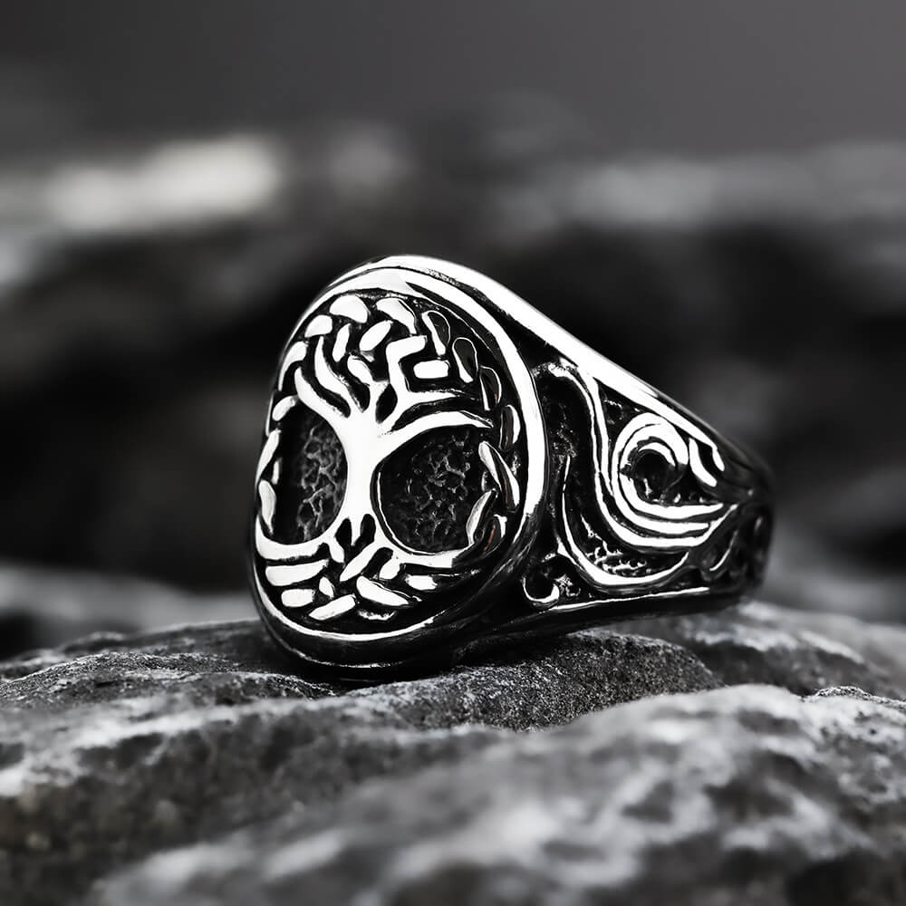 Vintage Solid Stainless Steel 3D Carved Viking Tree of Life Round Ring for Men