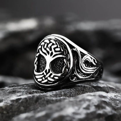 Vintage Solid Stainless Steel 3D Carved Viking Tree of Life Round Ring for Men