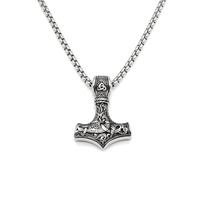 Men's Steel Viking Thor's Hammer Vintage Carved Pendant Necklace