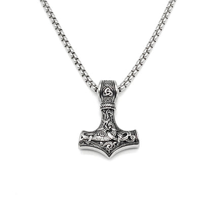 Men's Steel Viking Thor's Hammer Vintage Carved Pendant Necklace