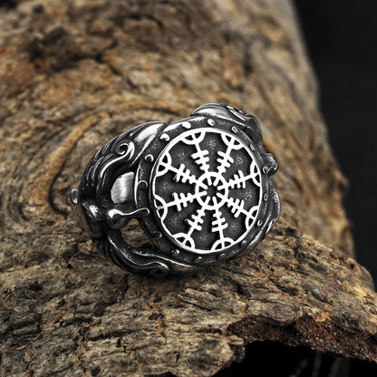 Vintage Solid Stainless Steel Norse Viking Aegishjalmur Helm of Awe Raven Band Ring for Men