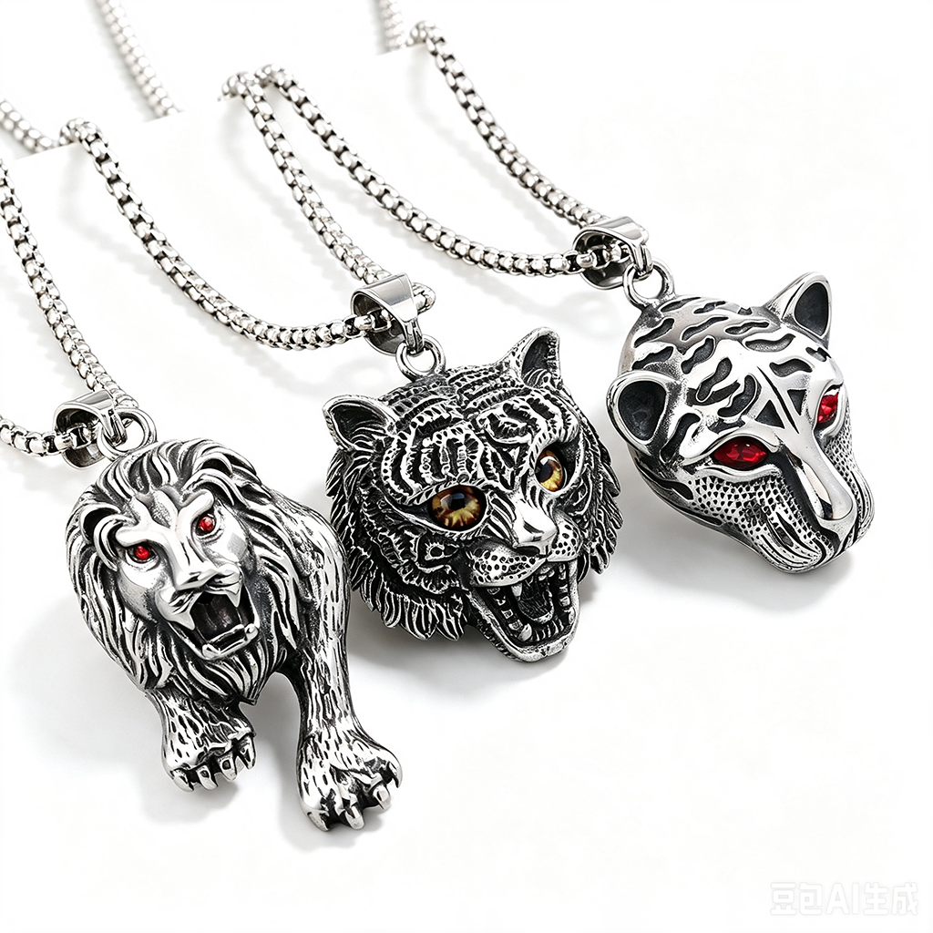Vintage Stainless Steel Tiger Lion Leopard Pendant Necklace for Men