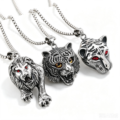 Vintage Stainless Steel Tiger Lion Leopard Pendant Necklace for Men