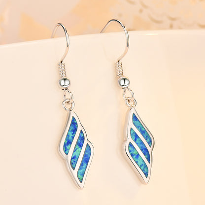 Women's Wing‑Shape Hook Dangle Earrings, Blue Opal Inlay, with White Gold Plating
