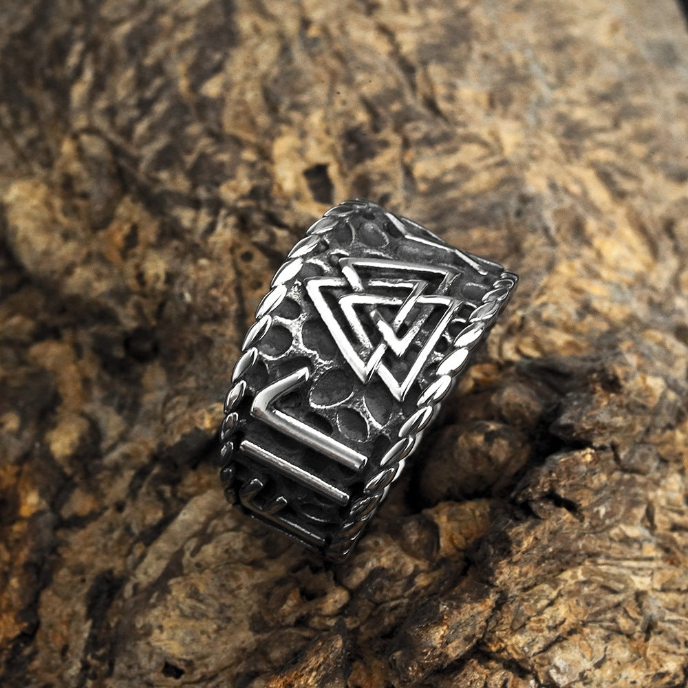 Vintage Solid Stainless Steel Norse Viking Rune Valknut Textured Wide Band Ring for Men