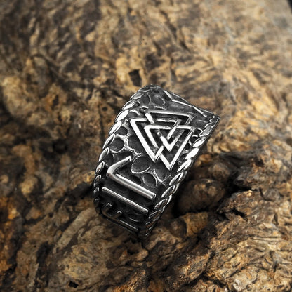 Vintage Solid Stainless Steel Norse Viking Rune Valknut Textured Wide Band Ring for Men