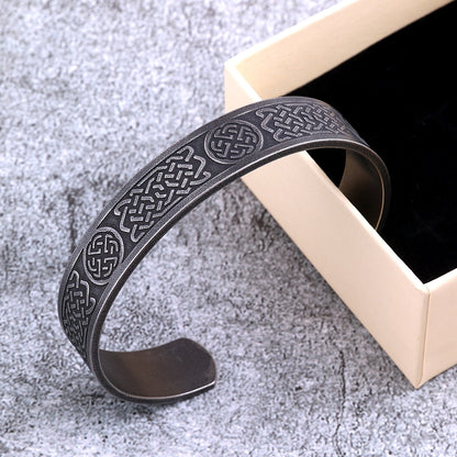 Men's Vintage Distressed Stainless Steel Cuff Bracelet, Nordic Viking Pirate Celtic Knot Open C Bangle