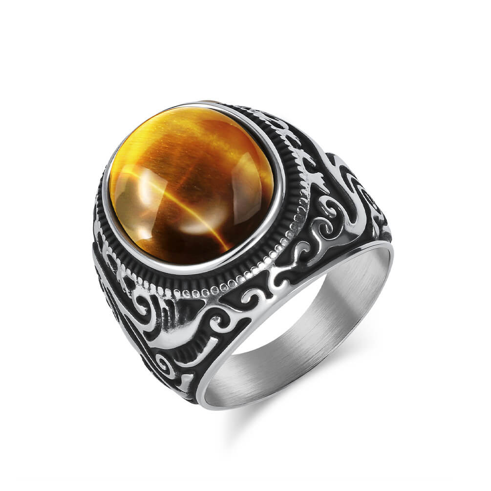 Men's Vintage Carved And Inlaid Tiger's Eye Stone Black And White Turquoise Titanium Steel Ring
