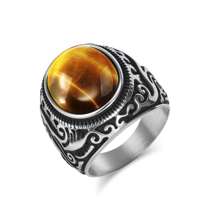 Men's Vintage Carved And Inlaid Tiger's Eye Stone Black And White Turquoise Titanium Steel Ring