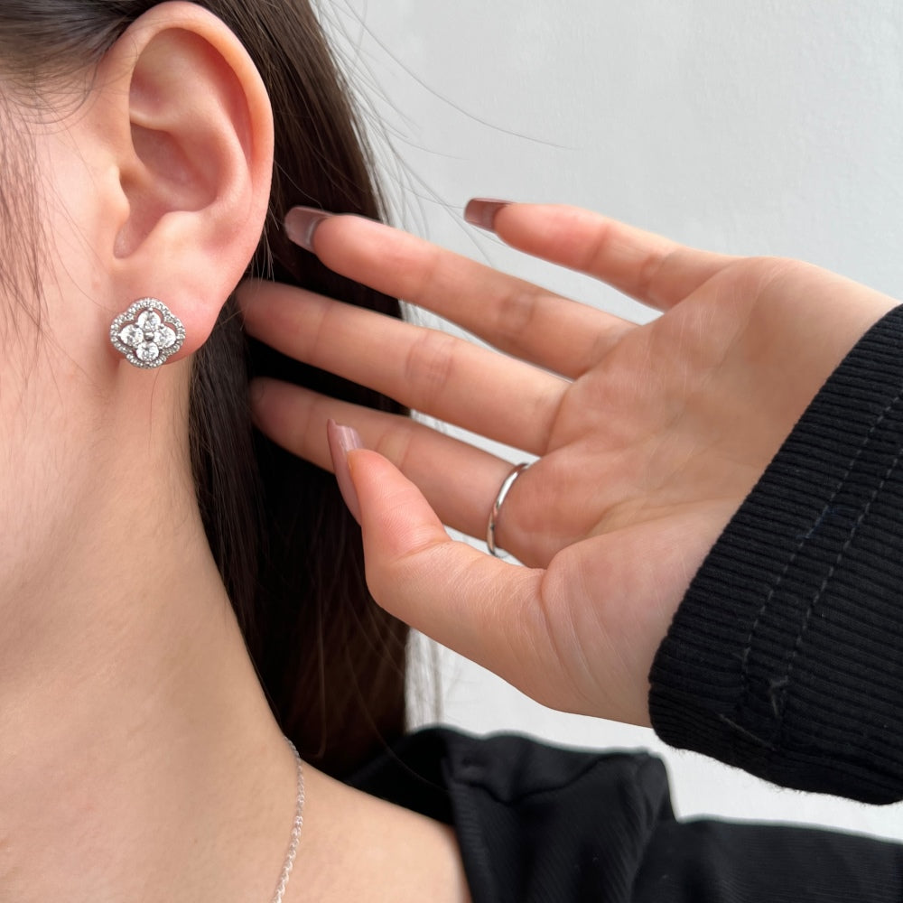 Women's Clover Halo Stud Earrings, Round Clear Zirconia, S925 with White Gold Plating