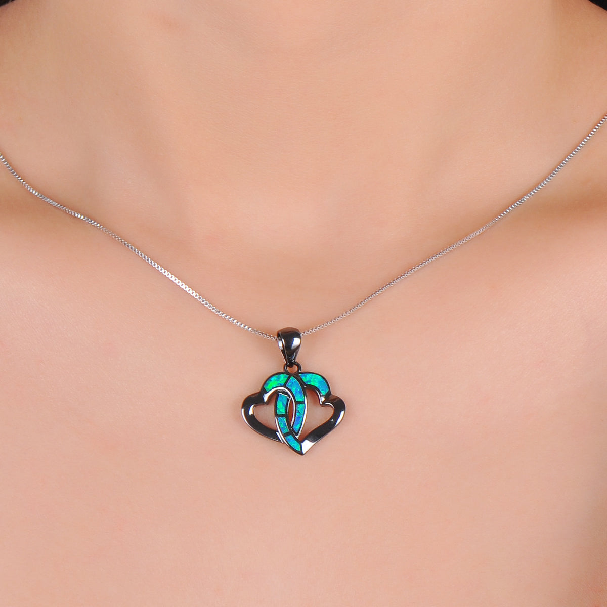 Half-side Opal double heart-shaped pendant necklace