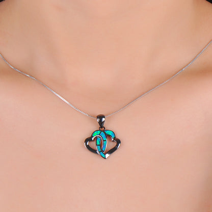 Half-side Opal double heart-shaped pendant necklace