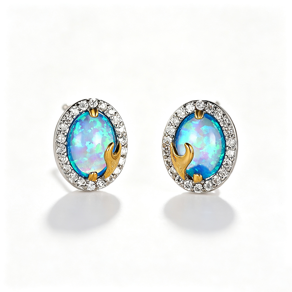 Women's Oval‑Shape Two‑Tone Metal Halo Paved Zirconia Blue / White Opal Stud Earrings, with White Gold Plating
