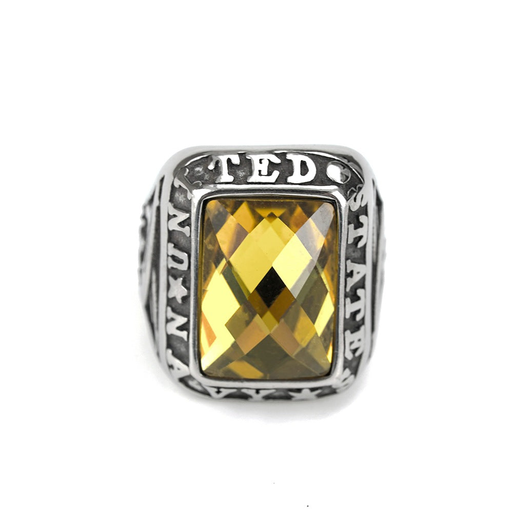 Vintage Solid Stainless Steel Inlaid Yellow Cubic Zirconia Engraved Symbol Wide Signet Ring for Men