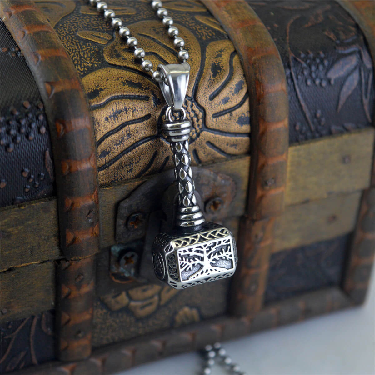 Men's Steel Hollow Tree Of Life Thor Hammer Pendant Necklace