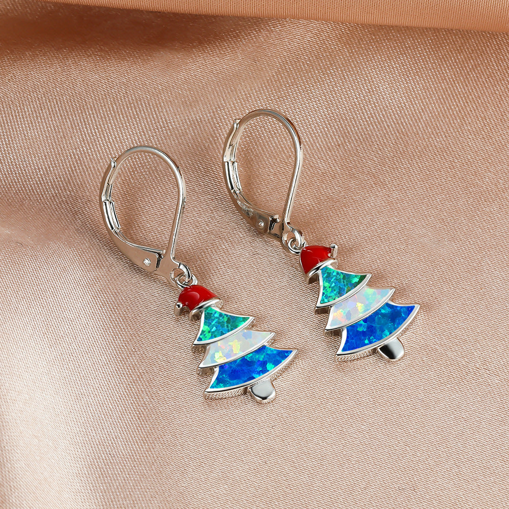 Women's Christmas Tree Color Opal Dangle Earrings, Gold / White Gold Plating