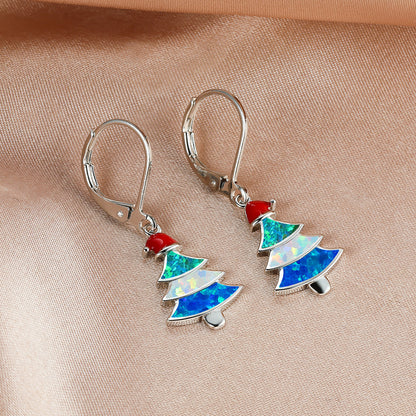 Women's Christmas Tree Color Opal Dangle Earrings, Gold / White Gold Plating