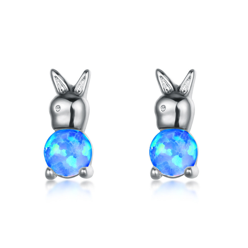 Women's Rabbit‑Shape Stud Earrings, Blue Opal / White Opal Inlay