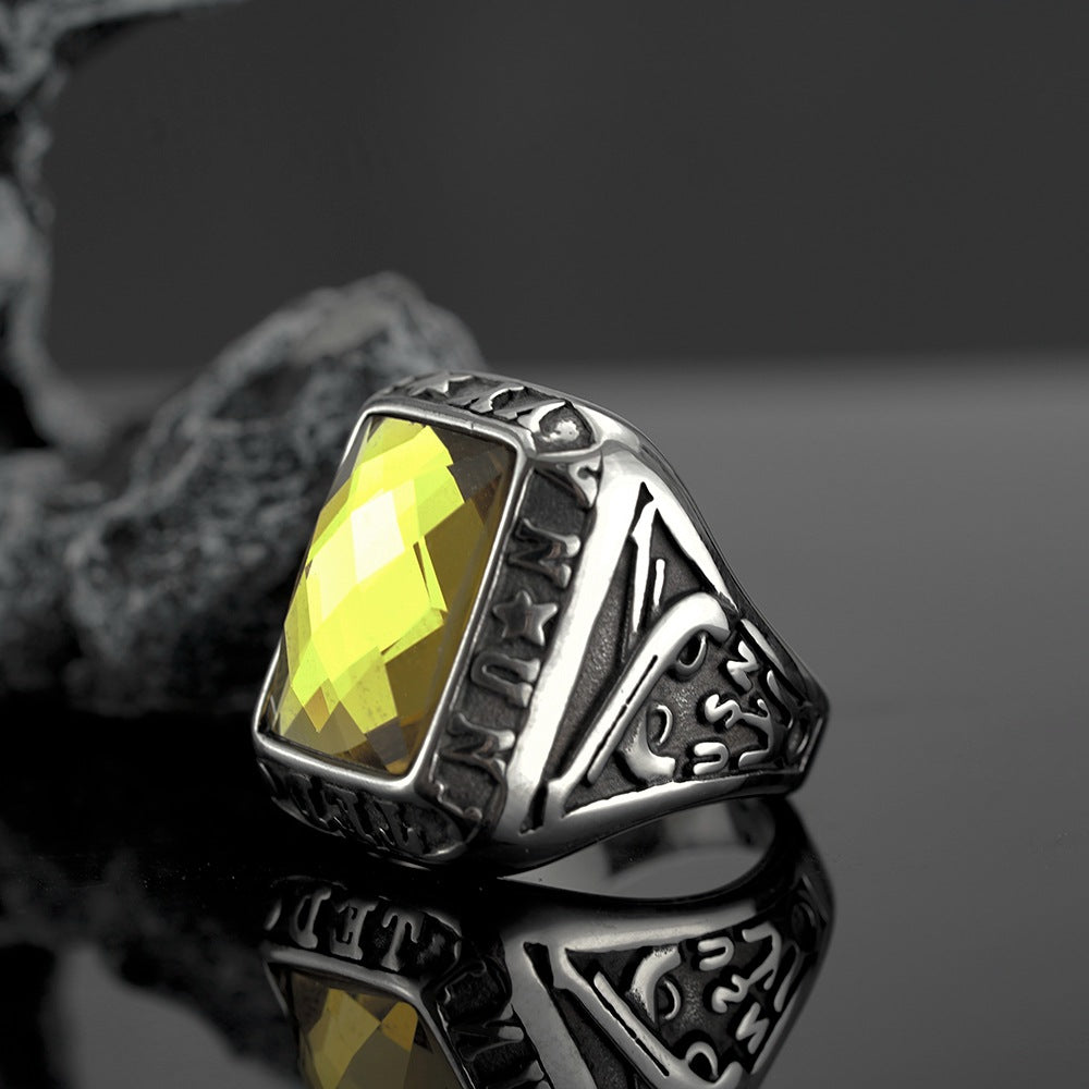 Vintage Solid Stainless Steel Inlaid Yellow Cubic Zirconia Engraved Symbol Wide Signet Ring for Men