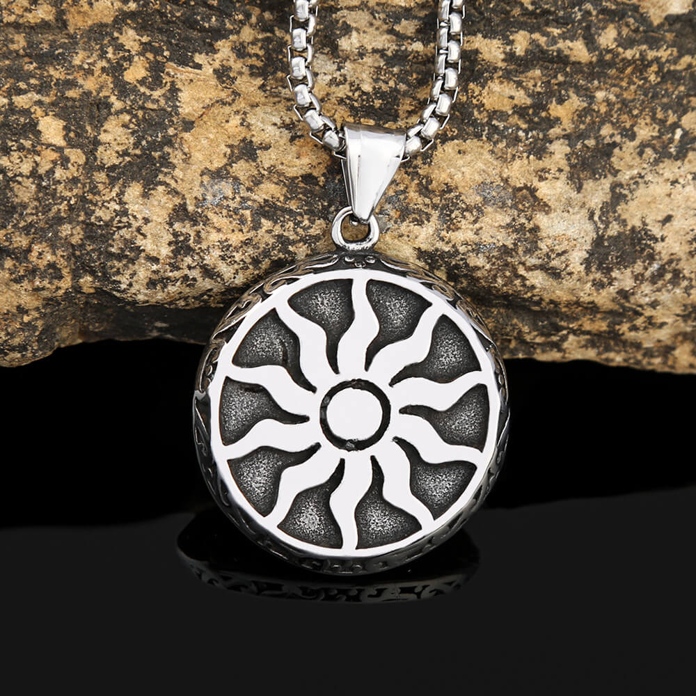 Men's Steel Vintage Sun Pattern Round Pendant Necklace